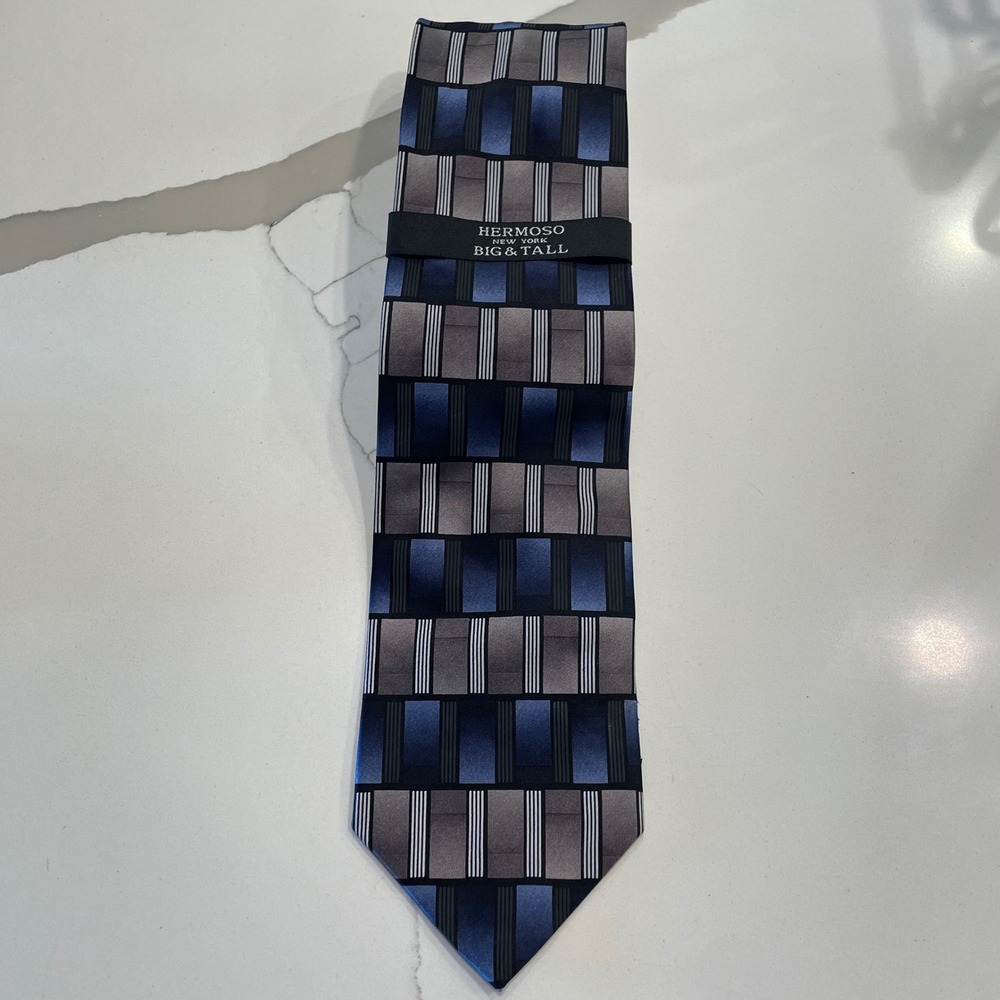 Hermoso New York Big & Tall Silk Tie Blue Grey Geometric Block Pattern Mens